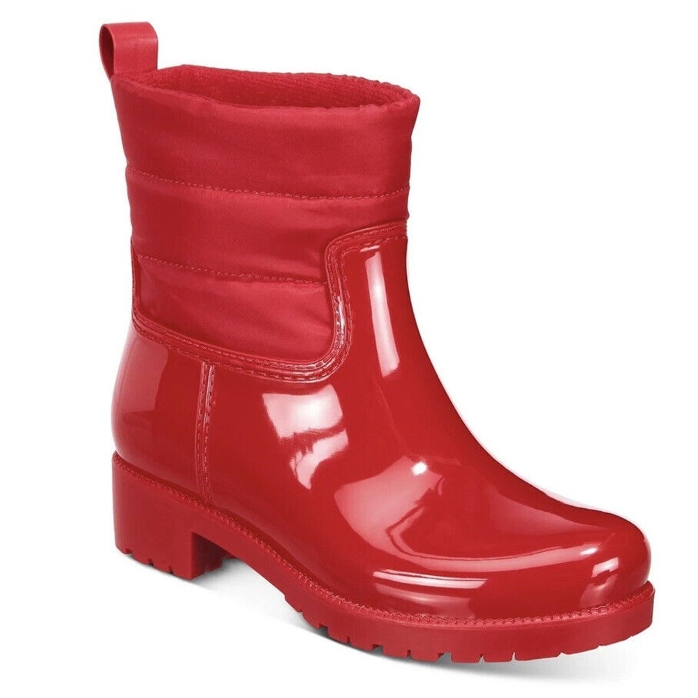 Charter Club Womens Red Puffer Rain Boots Waterproof Glossy Lug Sole Ankle Boots